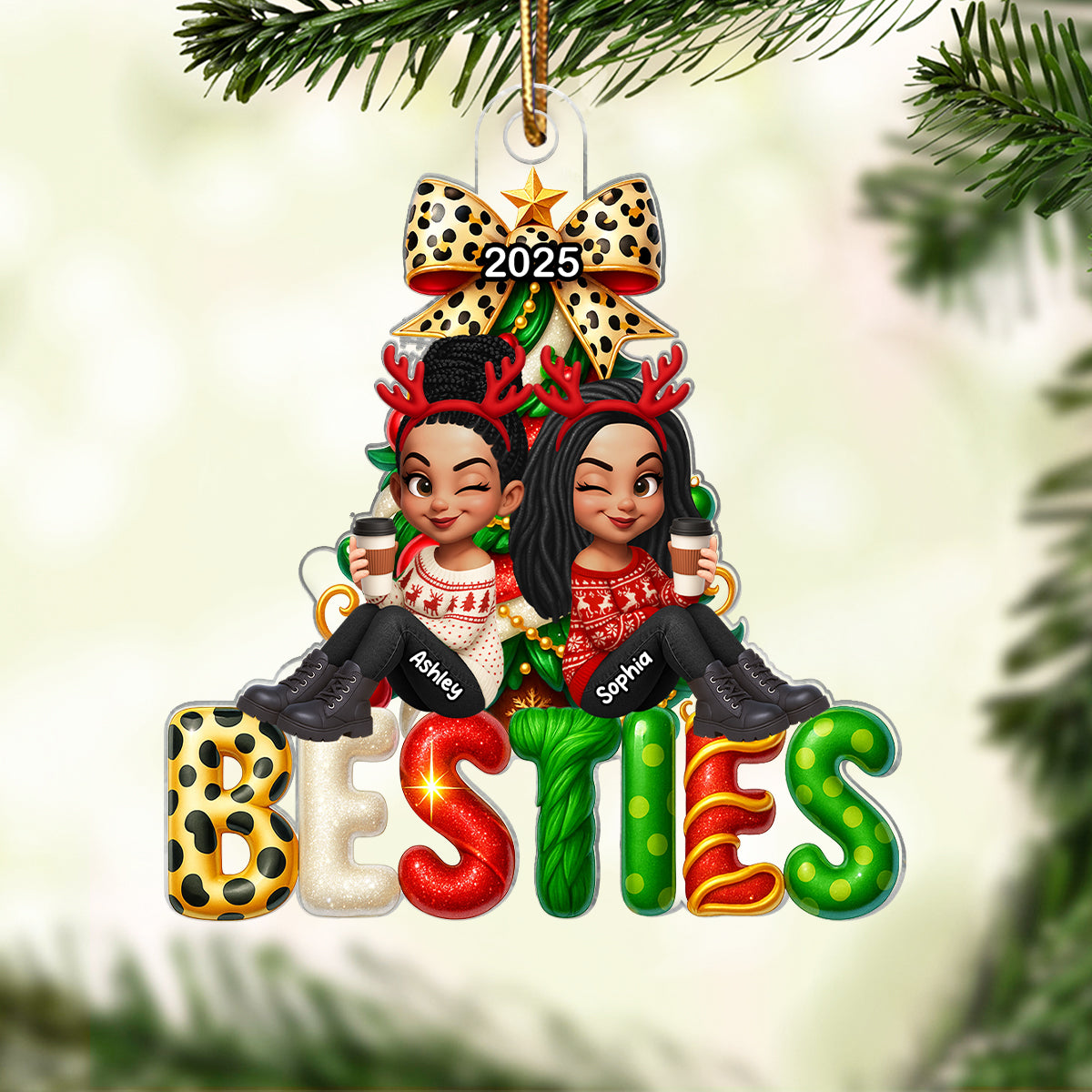 Besties Christmas Tree Sparkling Personalized 2025 Acrylic Ornament, Christmas Gift for Best Friends