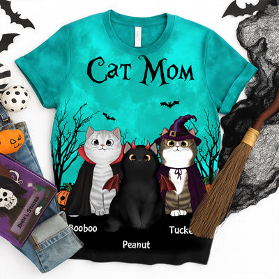 Cat Mom Halloween Moon Light Bat Tree Witchy Theme Personalized Shirt, Purrfect Costume for Cat Lover