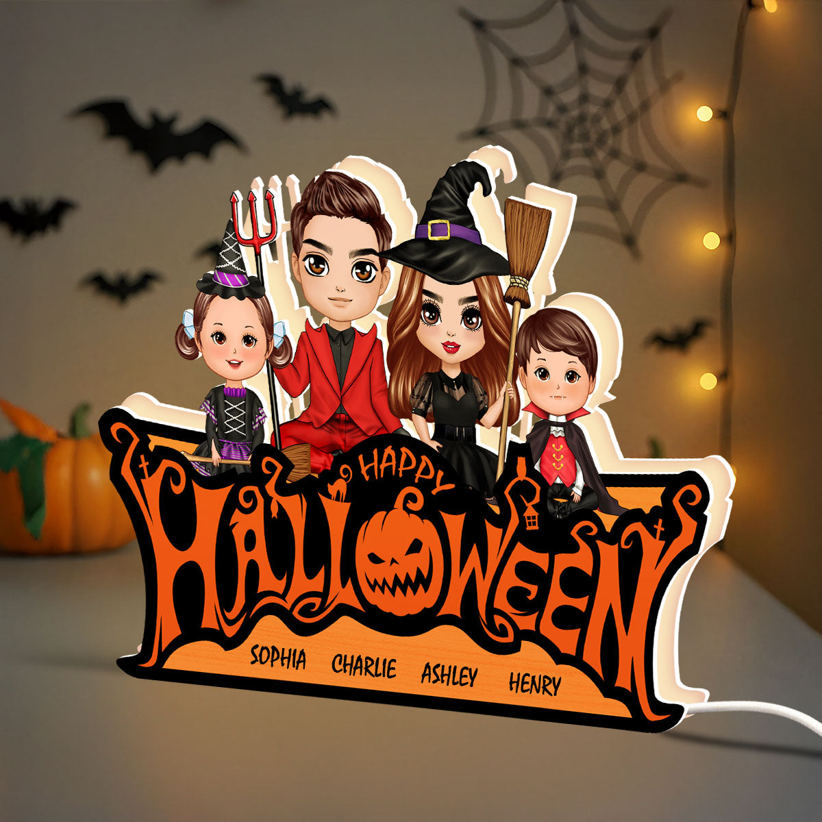 Happy Halloween Jack O Lantern Spooky, Family Sitting Personalized Light Box, Halloween Decor Indoor