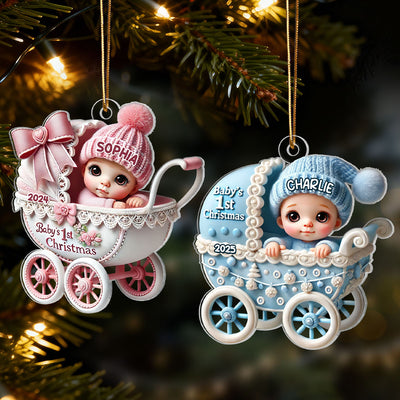 3D Effect Newborn Baby In Carriage Christmas Personalized Flat Acrylic Ornament, Christmas Gift For Newborns, New Parents