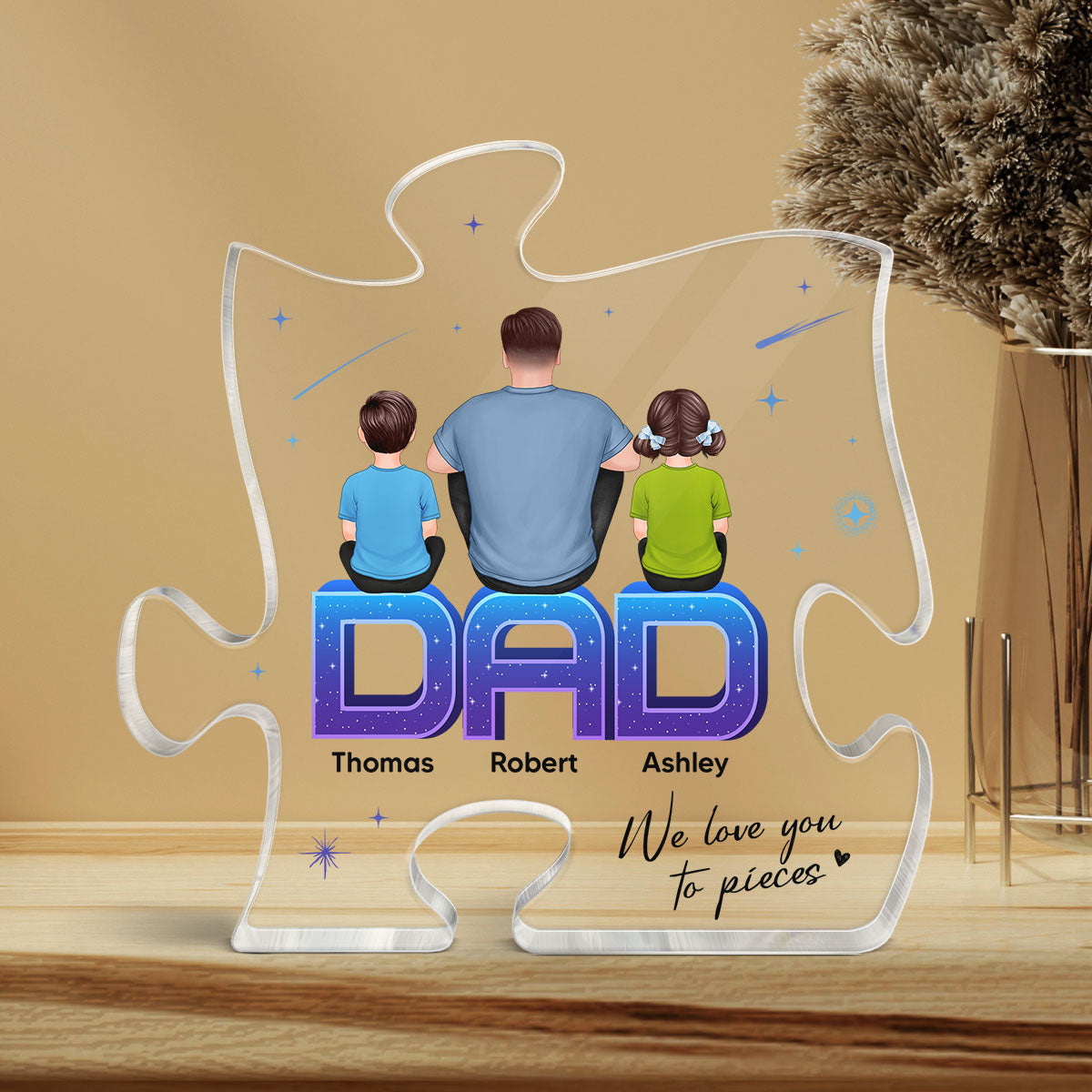 Dad We Love You To Pieces Back View Man Kids Dog Cat Personalized Acrylic Puzzle Plaque