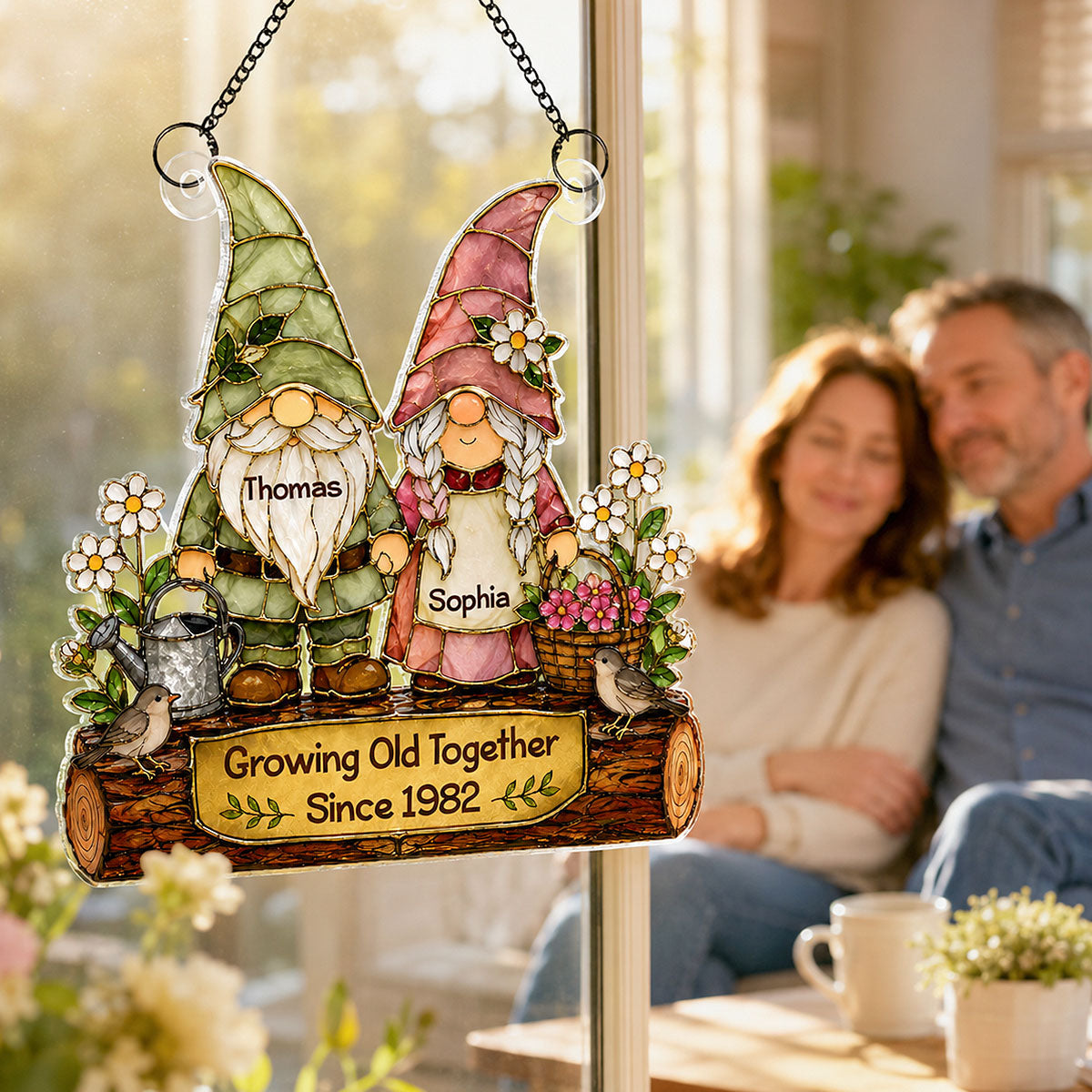 Gnome Couple Growing Old Together 2D Printed - Personalized Acrylic Window Hanger - Gift For Couples