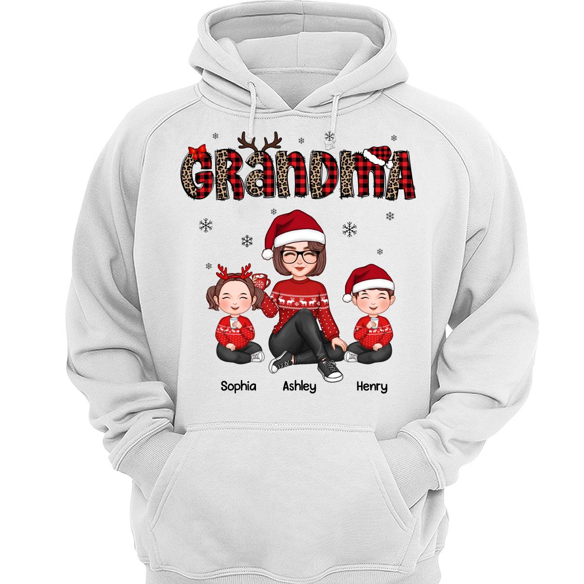 Leopard & Checkered Plaid Christmas Pattern Grandma & Grandkids Personalized Shirt