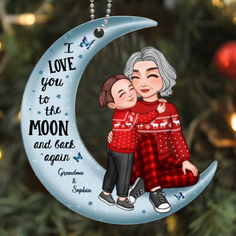 Cute Grandkid Hugging Sitting Grandma On Moon Personalized Acrylic Ornament