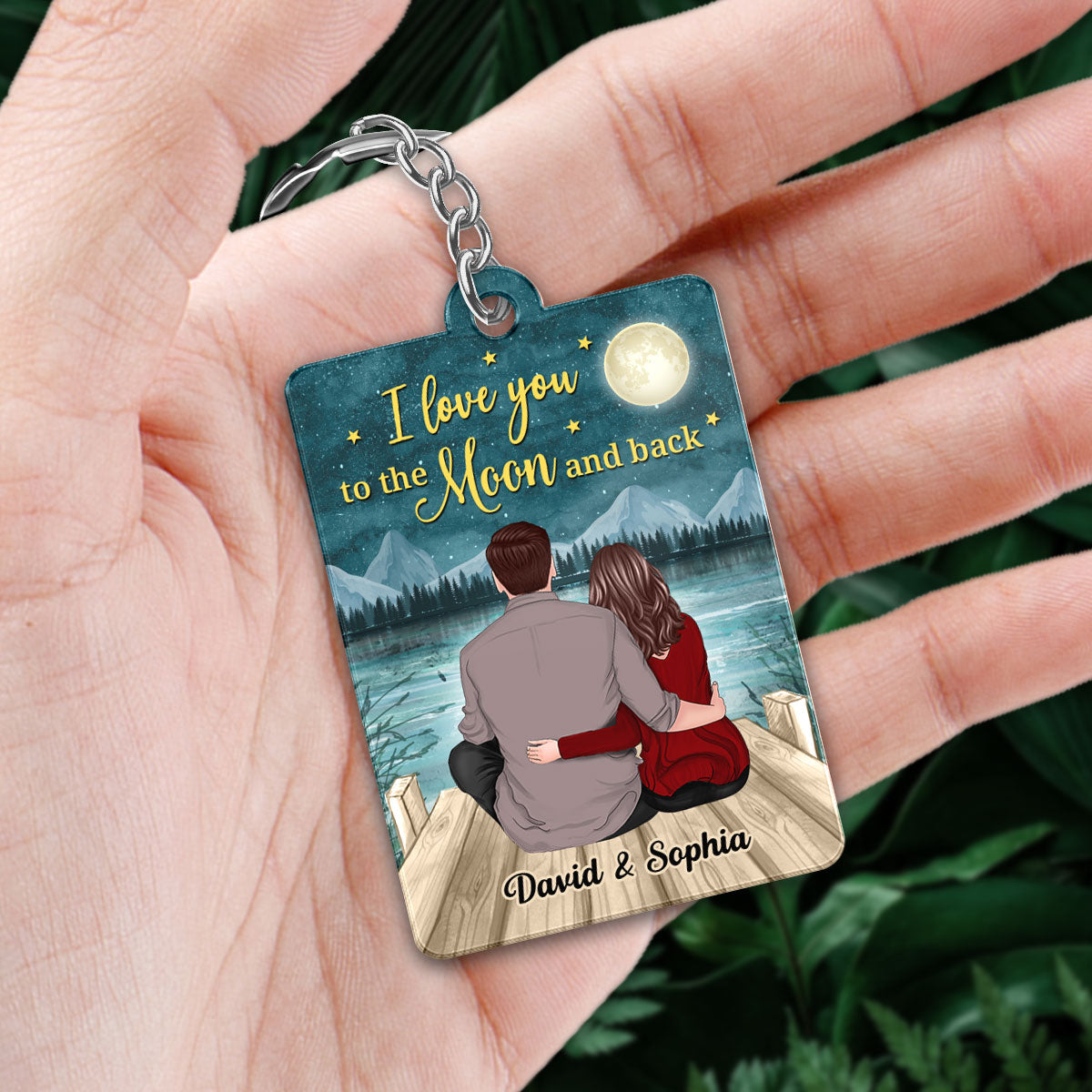 Back View Couple Sitting On The Bridge I Love You To The Moon And Back Favorite Song Scannable QR Code Personalized Acrylic Keychain