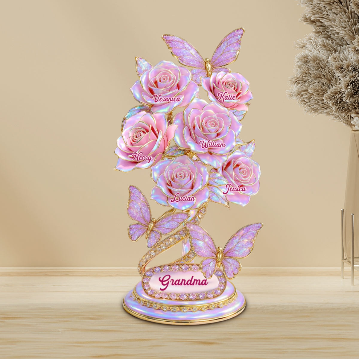Beautiful Roses With Kids Names Pearl & Stone Effect Personalized Flat Acrylic Block Plaque