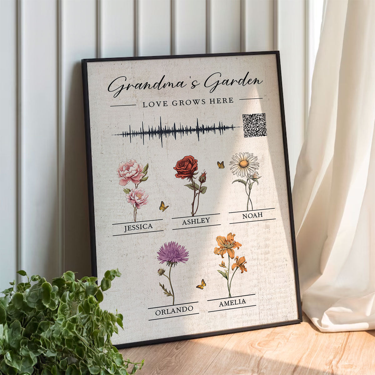 Grandma's Garden Birth Month Flowers Personalized Poster, Voice Recording Sound Wave, Gift for Mom Grandma, Custom Your Heartfelt Voice Message for her