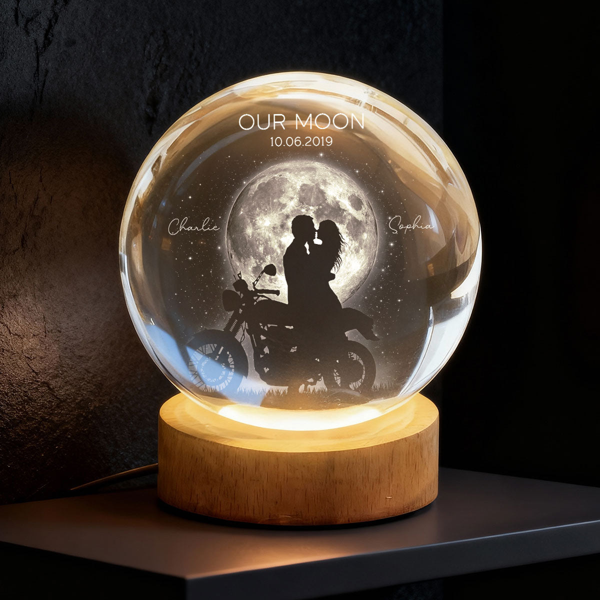 Biker Couple in the Moonlight, Custom Moon Phase by Date - Personalized Crystal Ball LED Night Light - Heartfelt Valentine's Day Gift for Her, for Him