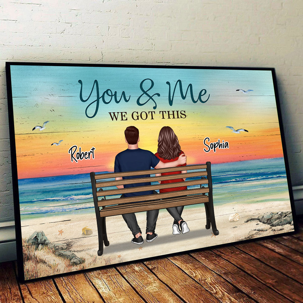 Beach Landscape Couple Sitting On Bench Personalized Horizontal Poster