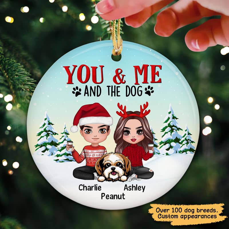 Couple And The Dogs Snow Pine Tree Personalized Circle Ornament