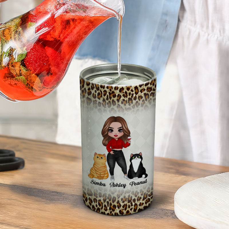 Cat Mom Cannot Survive On Wine Alone Leopard Multi Use Tumbler - Personalized 4 In 1 Can Cooler - Gift For Cat Moms