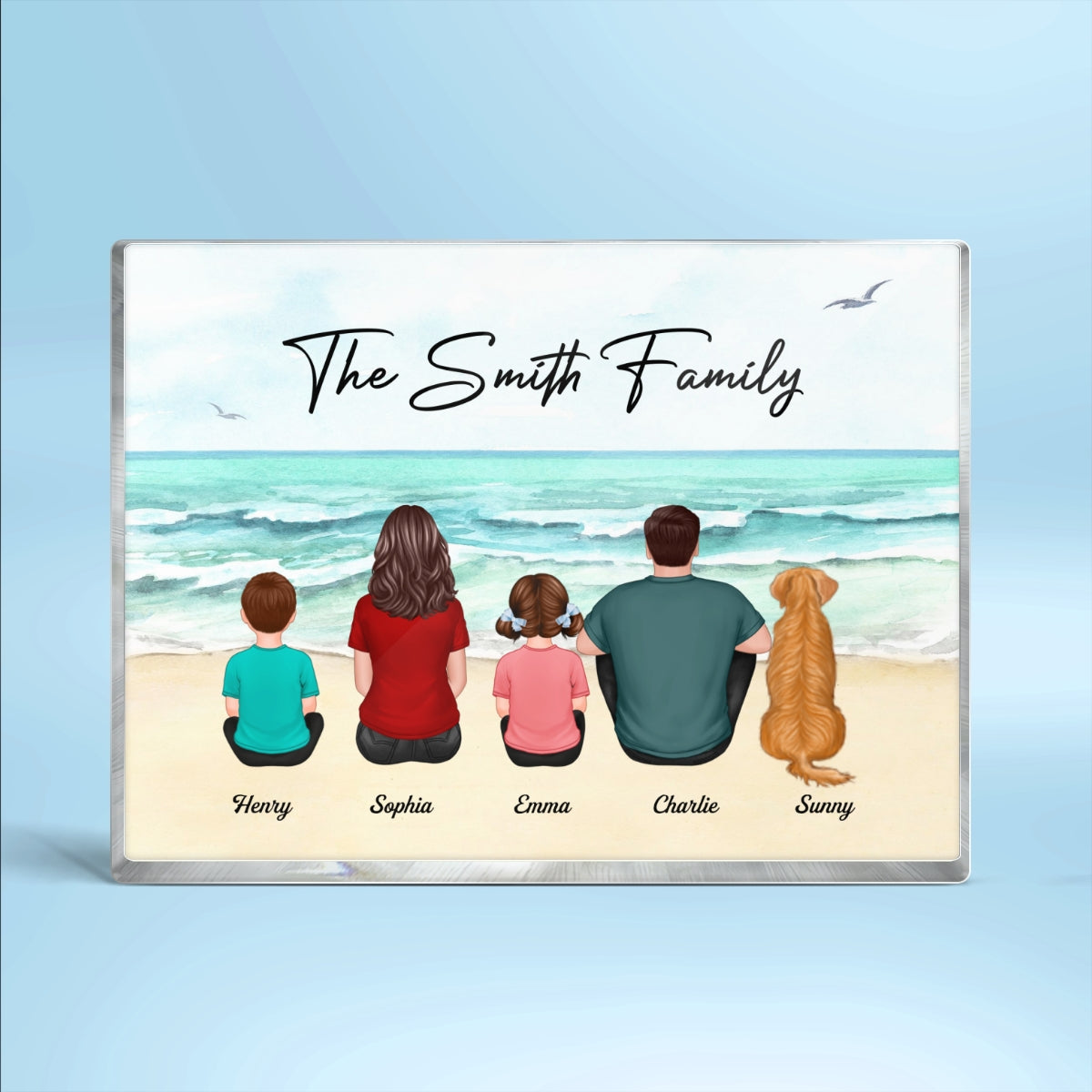 Family Couple Kid Dog Cat Sitting At Beach Personalized Horizontal Rectangle Acrylic Block Plaque
