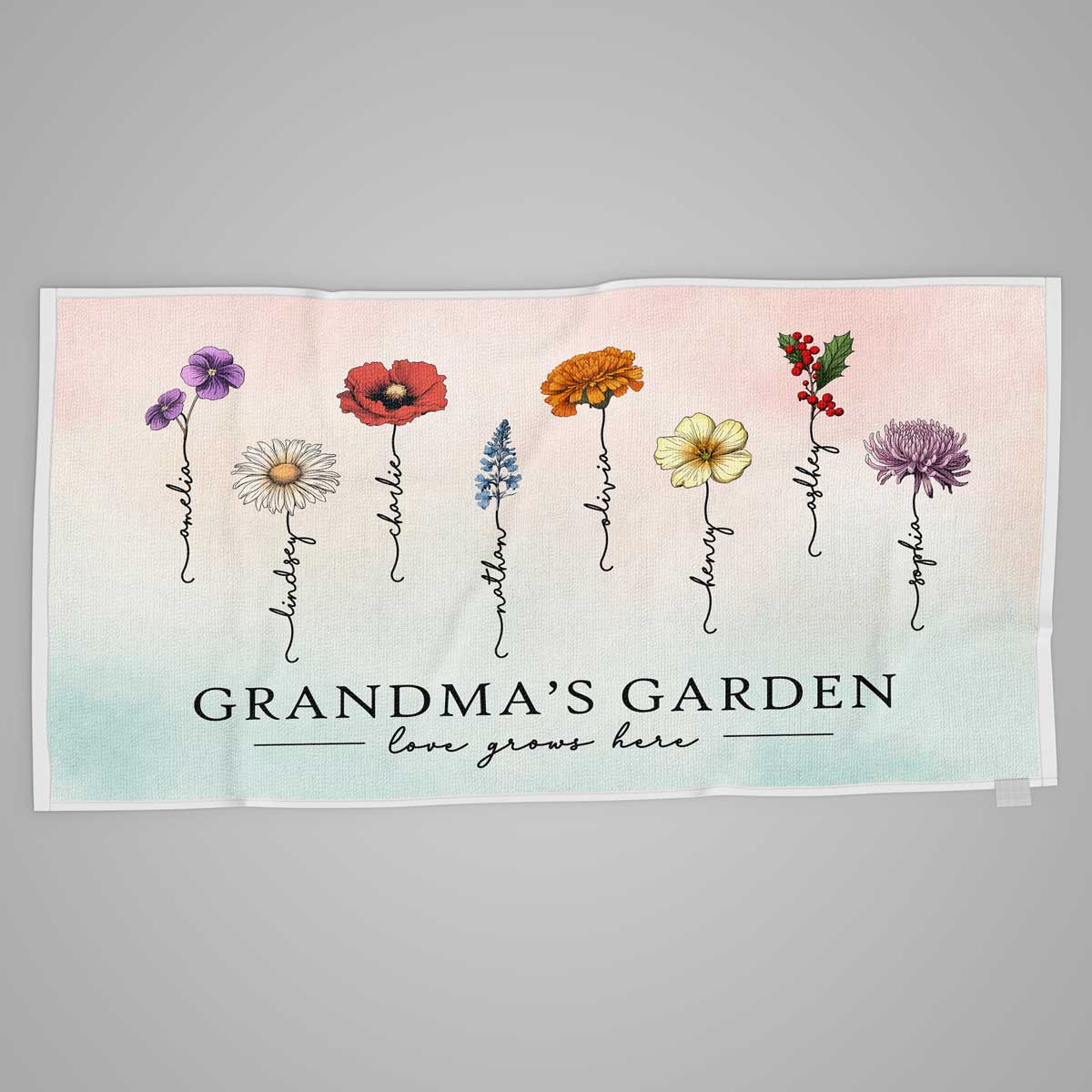 Grandma‘s Garden Love Grows Here Beautiful Birth Month Flower Gift For Grandma Mom Personalized Beach Towel