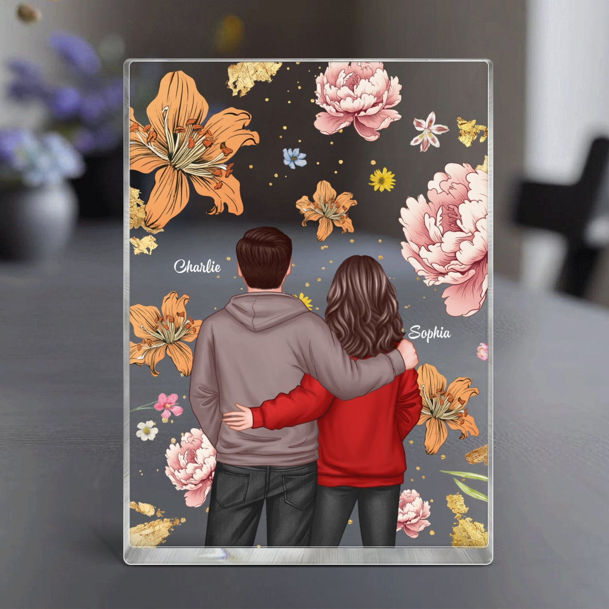 Couple Hugging Back View Birth Month Flower Personalized Acrylic Block Plaque, Heartfelt 2025  Gift, Anniversary Gift For Girlfriend, For Wife