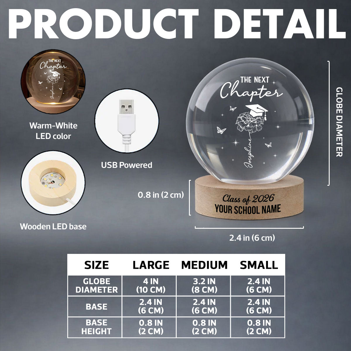 Graduation Birth Month Flower New Chapter - Personalized Crystal Ball LED Night Light - Graduation Gift, Keepsake For Daughter, Granddaughter