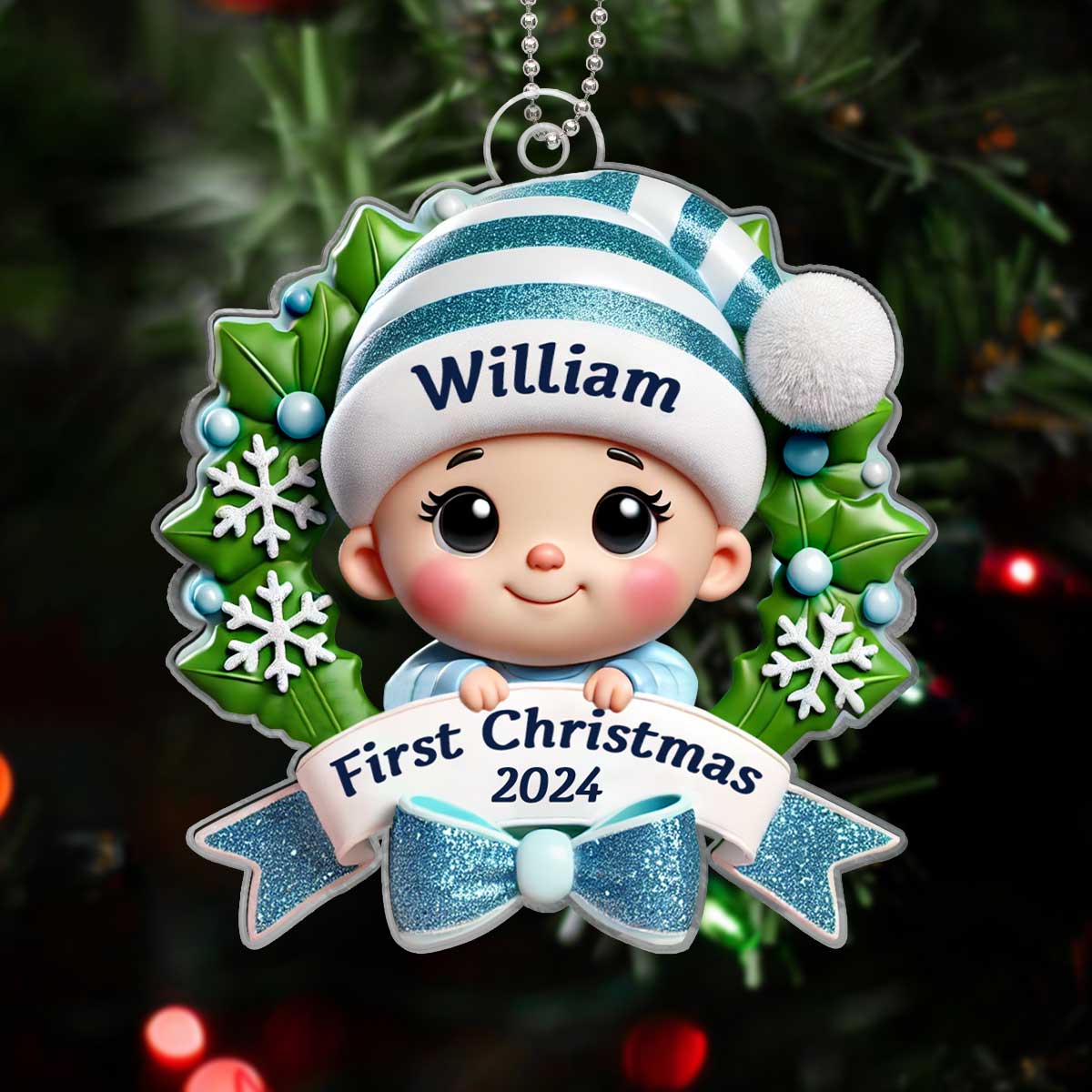 Baby's First Christmas Personalized Custom Shaped Acrylic Ornament, Baby In Christmas Wreath, Christmas in July