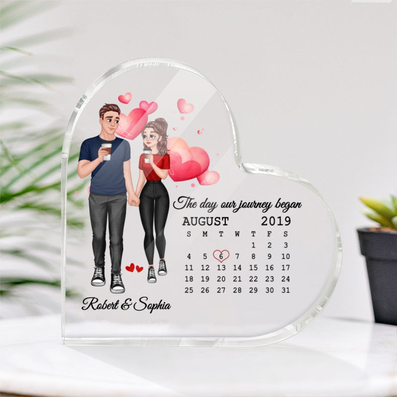 Cartoon Couple Hand In Hand Anniversary Date Calendar Personalized Acrylic Heart Plaque - Gift For Him Gift For Her