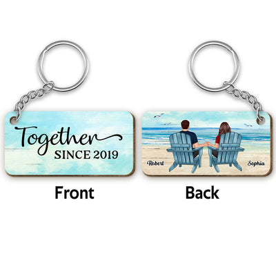 Couple Sitting Landscape Background Personalized Wooden Keychain