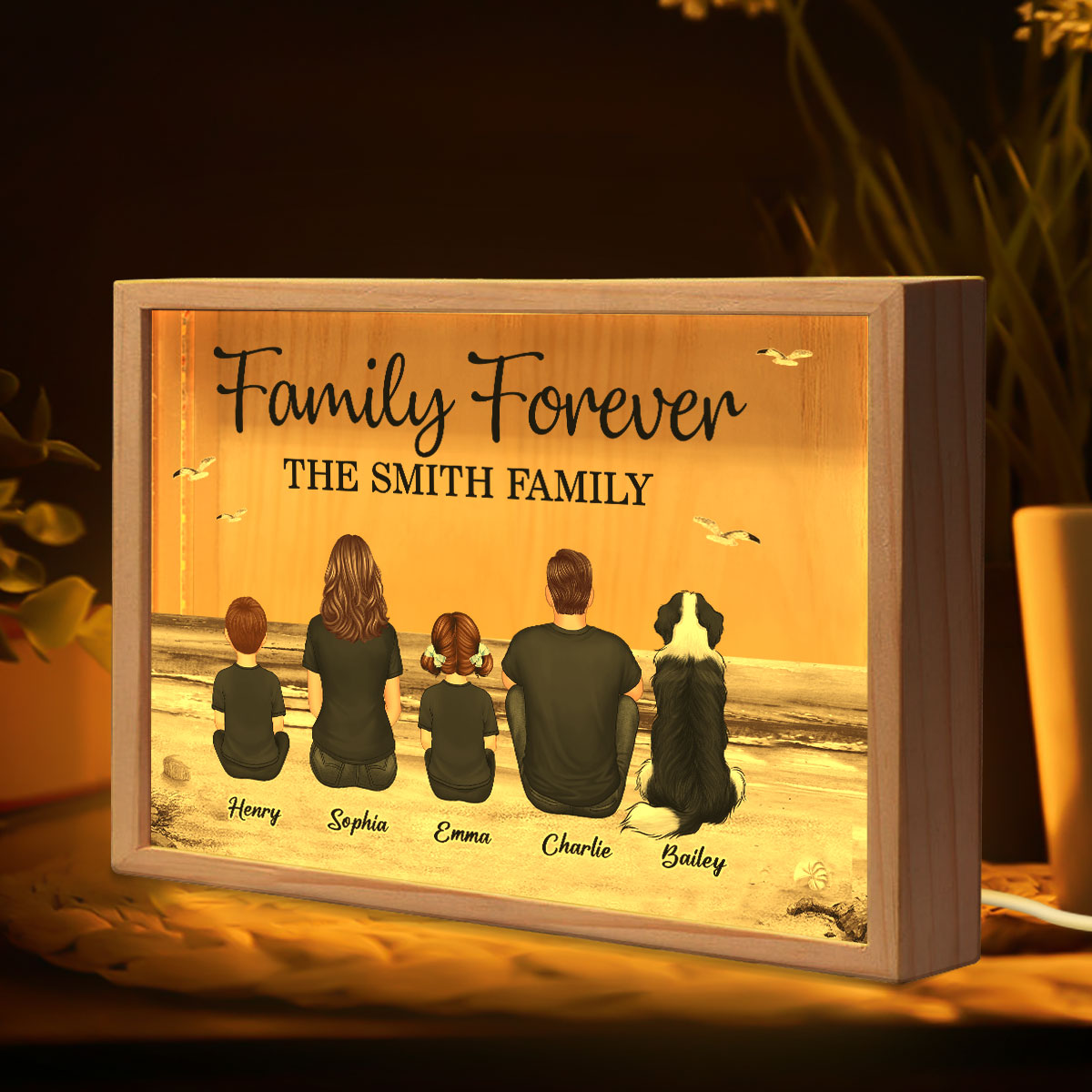 Retro Vintage Family Sitting Beach Landscape Personalized Wooden Frame Light Box