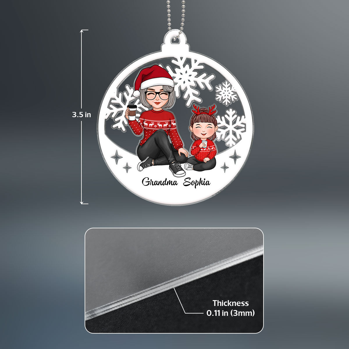 Cute Grandma Grandkid Sitting Cut-through Christmas Gift For Granddaughter Grandson Personalized Acrylic Ornament
