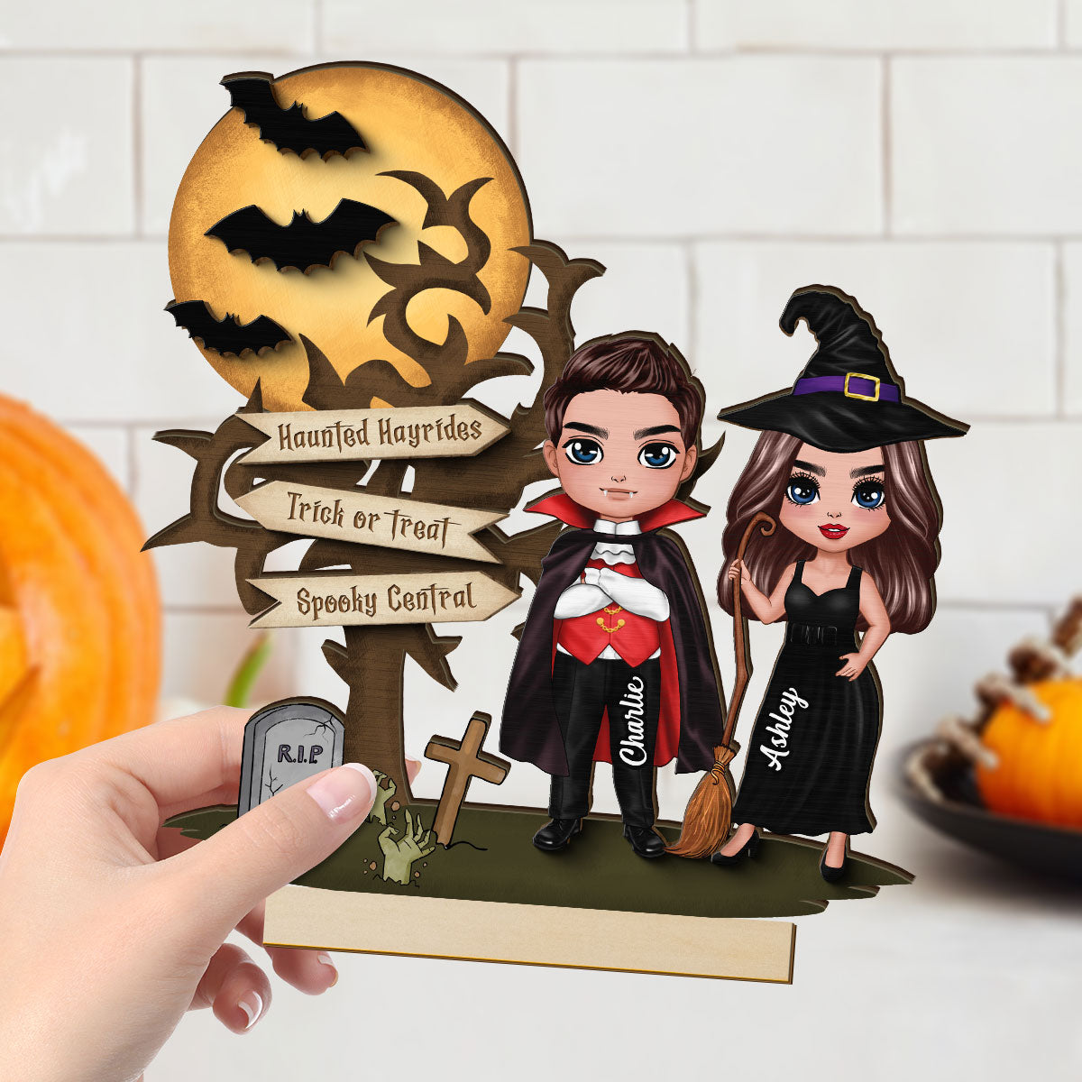 Couple With Moon Bat Tree Halloween Tabletop Tiered Tray Decor Personalized 2-Layer Standing Wooden Plaque