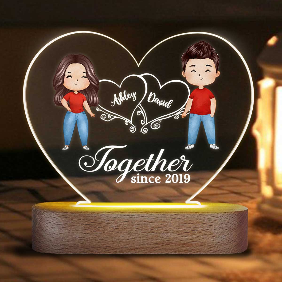 Hearts Watercolor Couple Standing Gift For Him Gift For Her Personalized Acrylic Heart Plaque LED Lamp Night Light