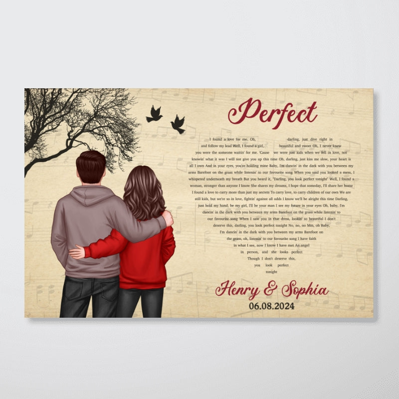 Couple Hugging Back View Heart Shaped Song Lyrics Art Personalize Poster, Anniversary  Gift For Him, For Her