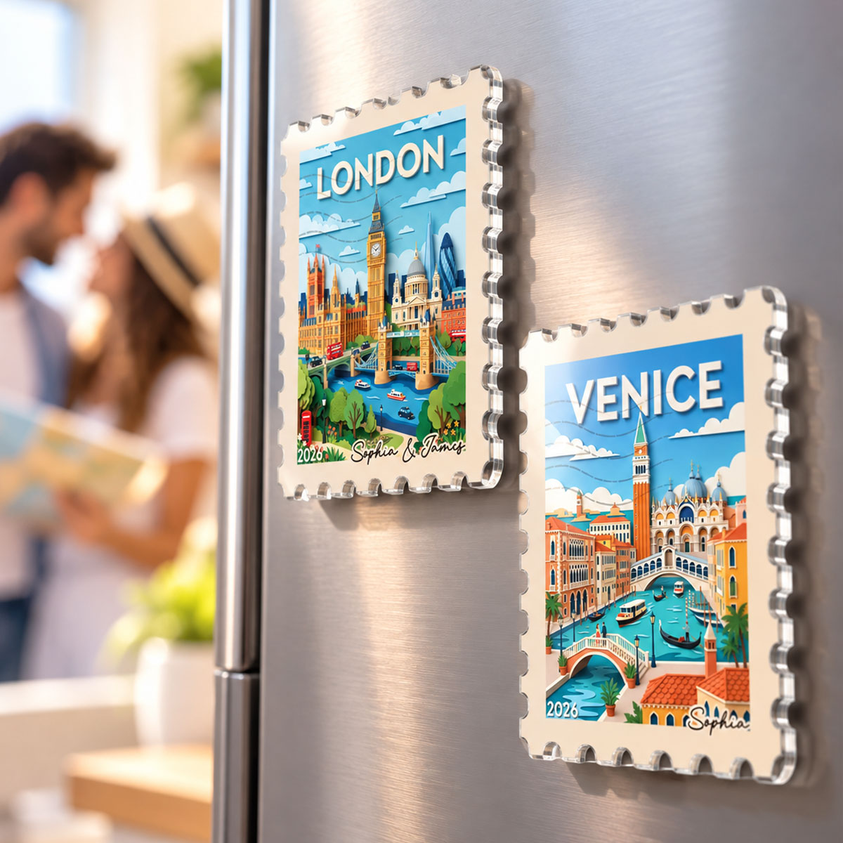 Any City Landscape Stamp - Personalized Acrylic Fridge Magnet - Travel Keepsake For Travel Lover