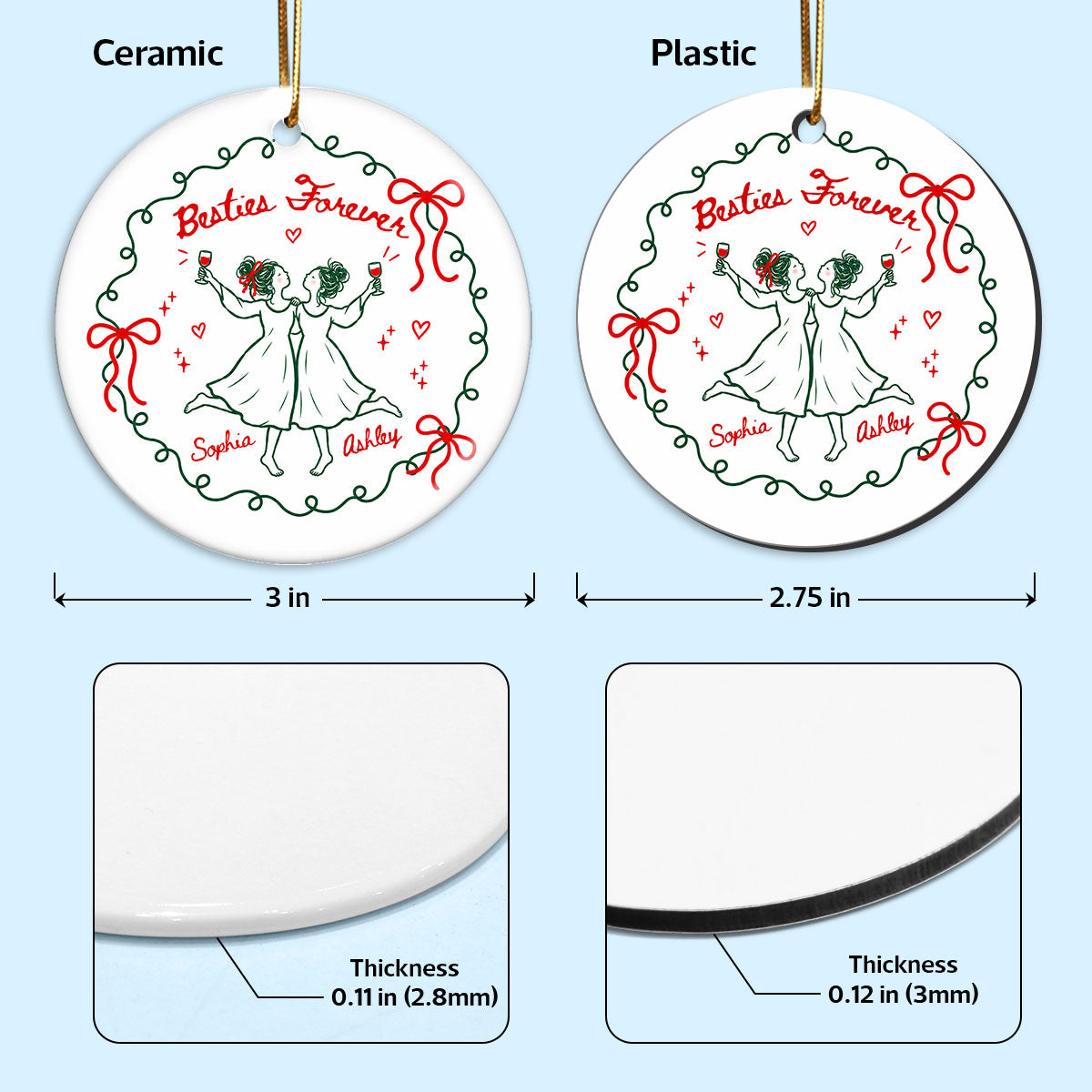 Besties Forever Celebration 2D Flat - Personalized Ceramic Ornament - Christmas Gift For Best Friends, Besties