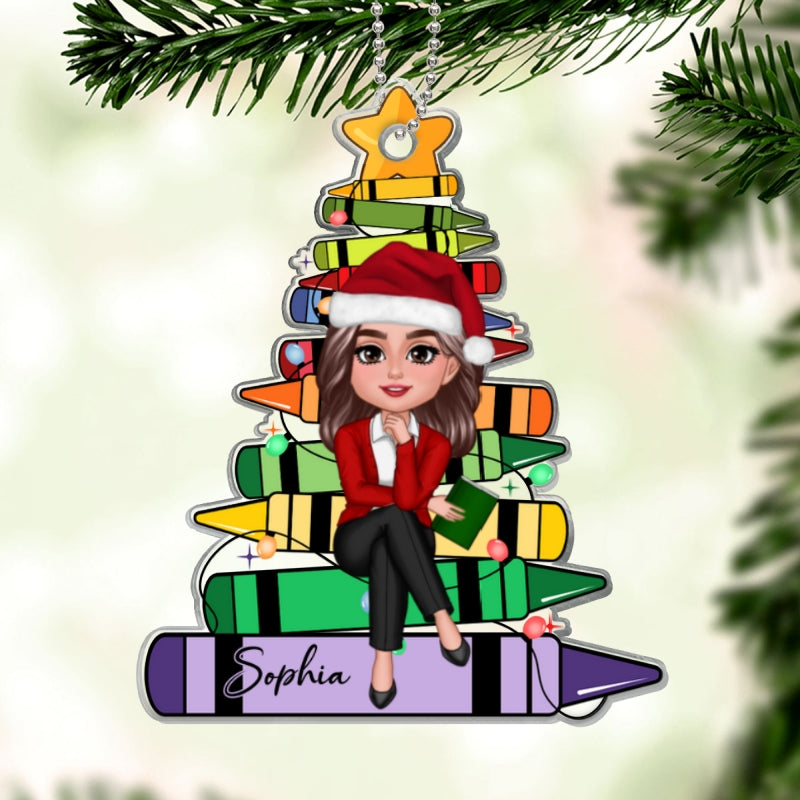 Crayon Christmas Tree Teacher Sitting Personalized Acrylic Ornament