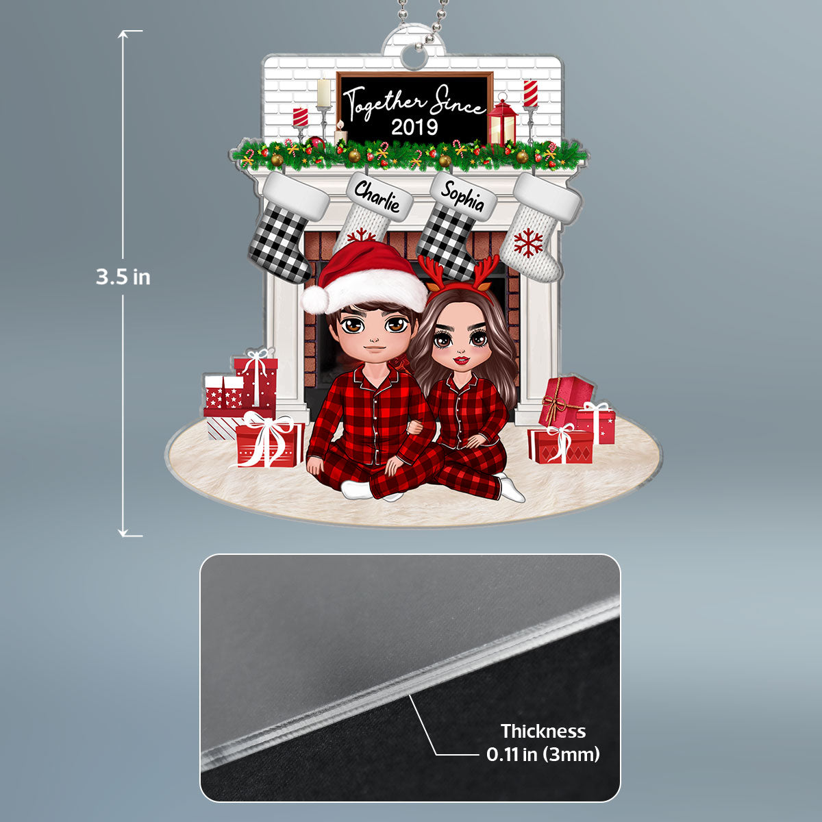 Couple Sitting Hugging At Christmas Fireplace Personalized Acrylic Ornament