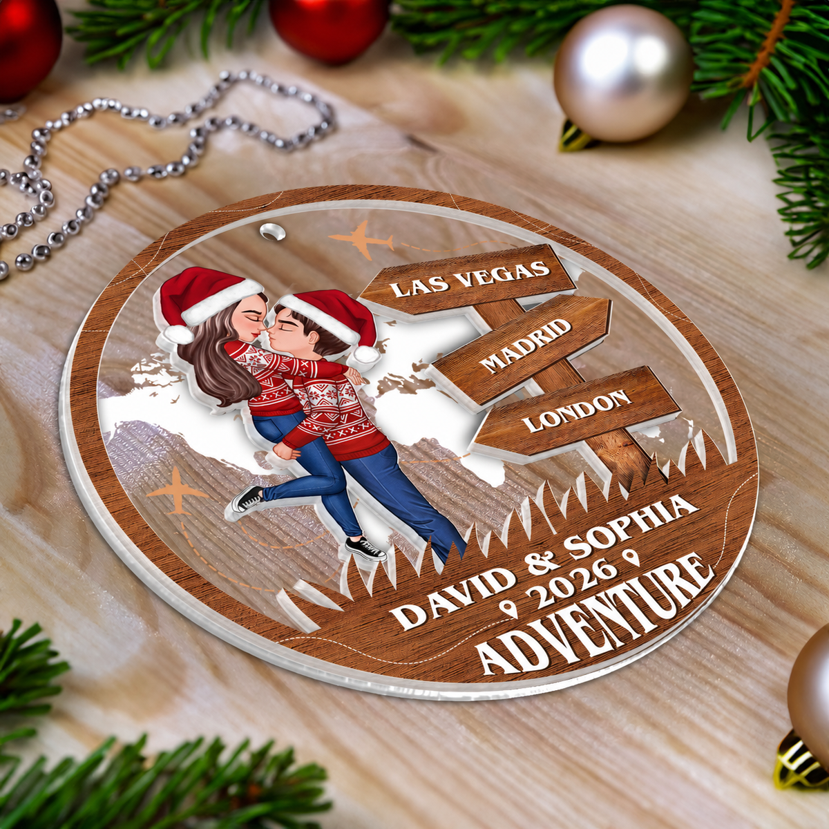 Adventure Kissing Couple Personalized 2-Layer Acrylic Ornament, Christmas Gift For Couple, Gift For Travelers