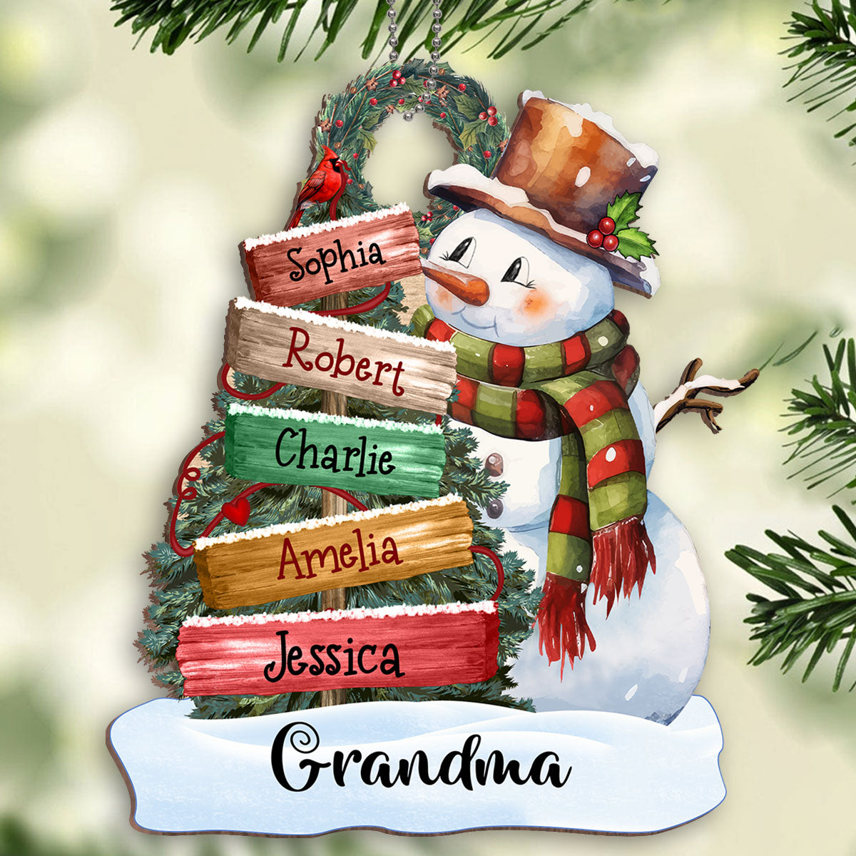 Grandma Mom Snowman Christmas Sign Personalized Wooden Ornament