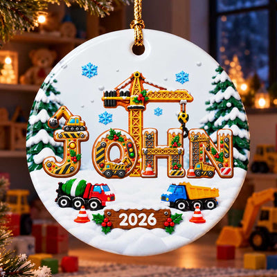 Kids Name Truck Christmas - Personalized Ceramic Ornament - Construction Vehicle Design, Gift For Boy Girl Grandkids