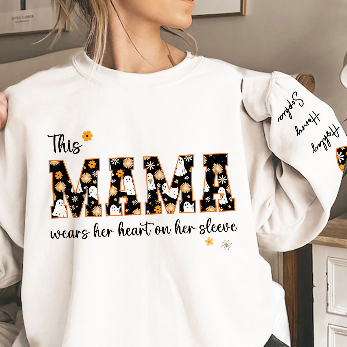 Halloween This Mama Wears Her Heart on Her Sleeve Personalized Sleeve Printed Sweatshirt