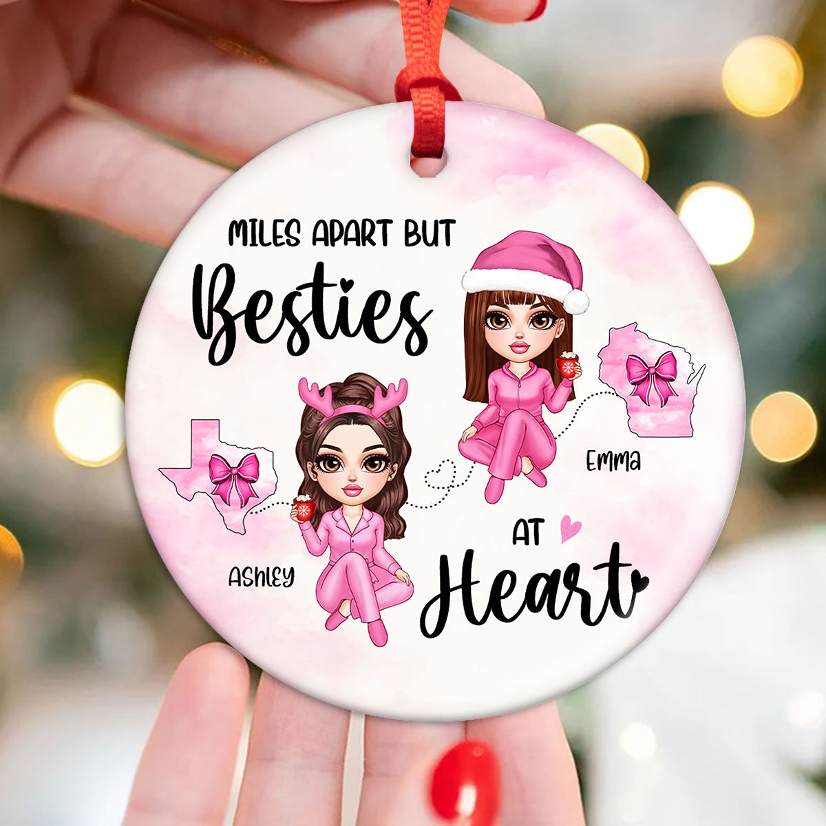 Long Distance Coquette Besties Sisters Personalized Circle Ornament, Christmas Gift