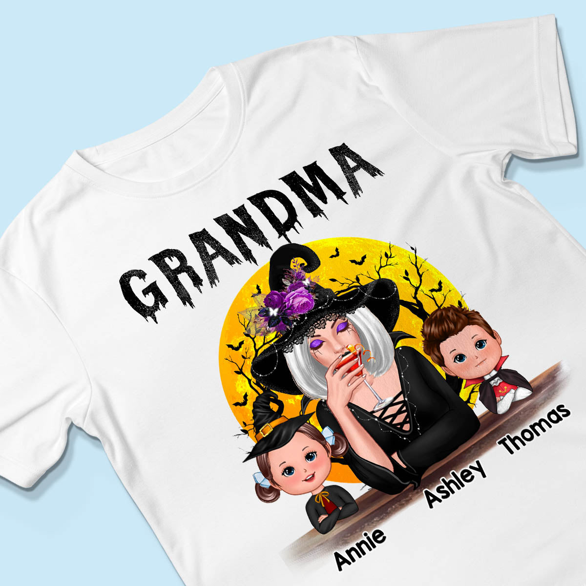 Halloween Moon Grandma Mom Witch With GrandKids Personalized Shirt
