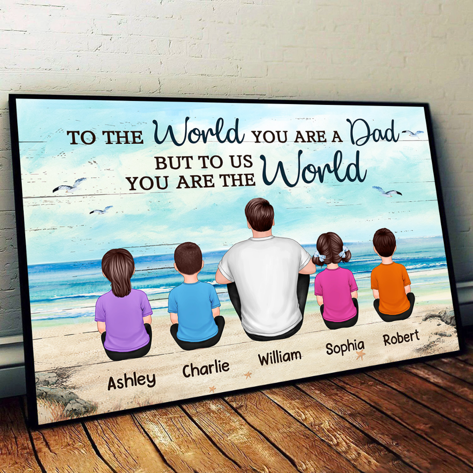 Dad And Sons Daughters Beach Landscape Personalized Poster, Heartfelt Gift For Dad, For Husband