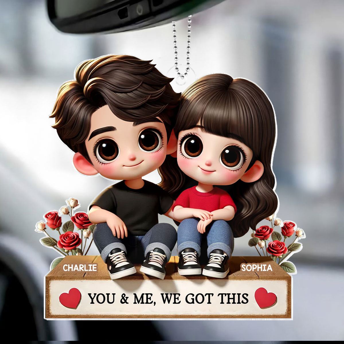 3D Effect Cartoon Couple Sitting Next To Each Other Personalized Acrylic Car Hanger, Anniversary  Gift for him, Gift for her