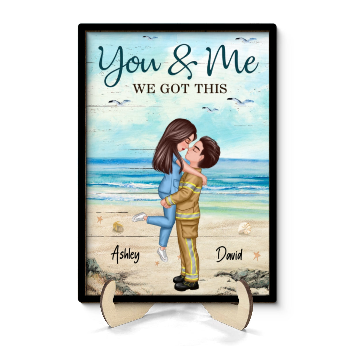 Beach Landscape Couple Valentine‘s Day Gifts by Occupation Gift For Her Gift For Him Firefighter, Nurse, Police Officer Personalized 2-Layer Wooden Plaque