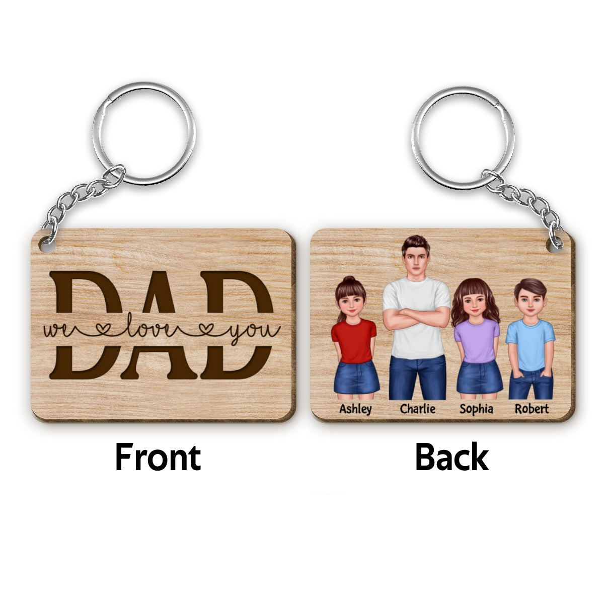 Dad And Kids Standing Front View Personalized Wooden Keychain
