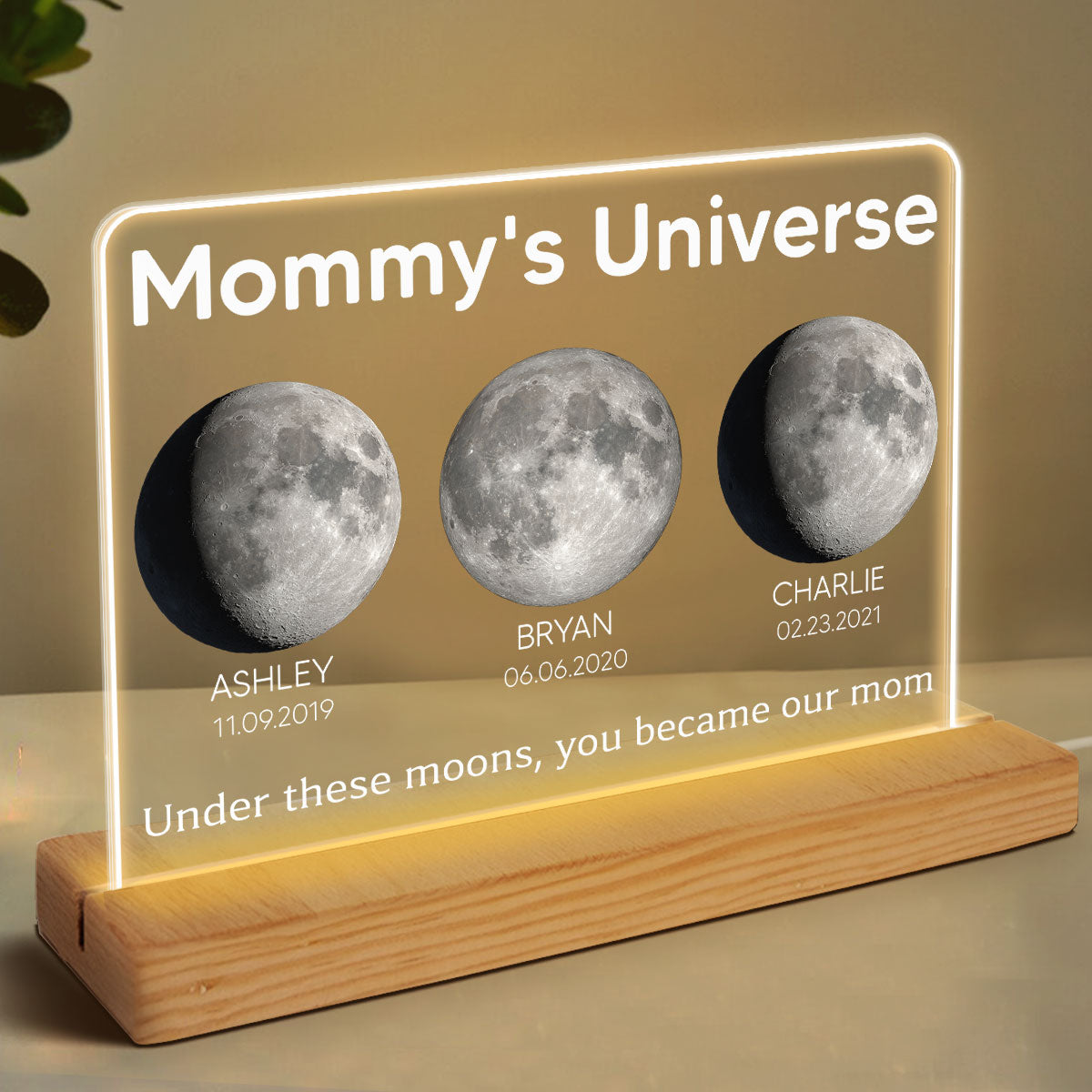 Mommy's Universe Birth Moon Phase Personalized Acrylic Plaque With Warm LED Night Light, Gift