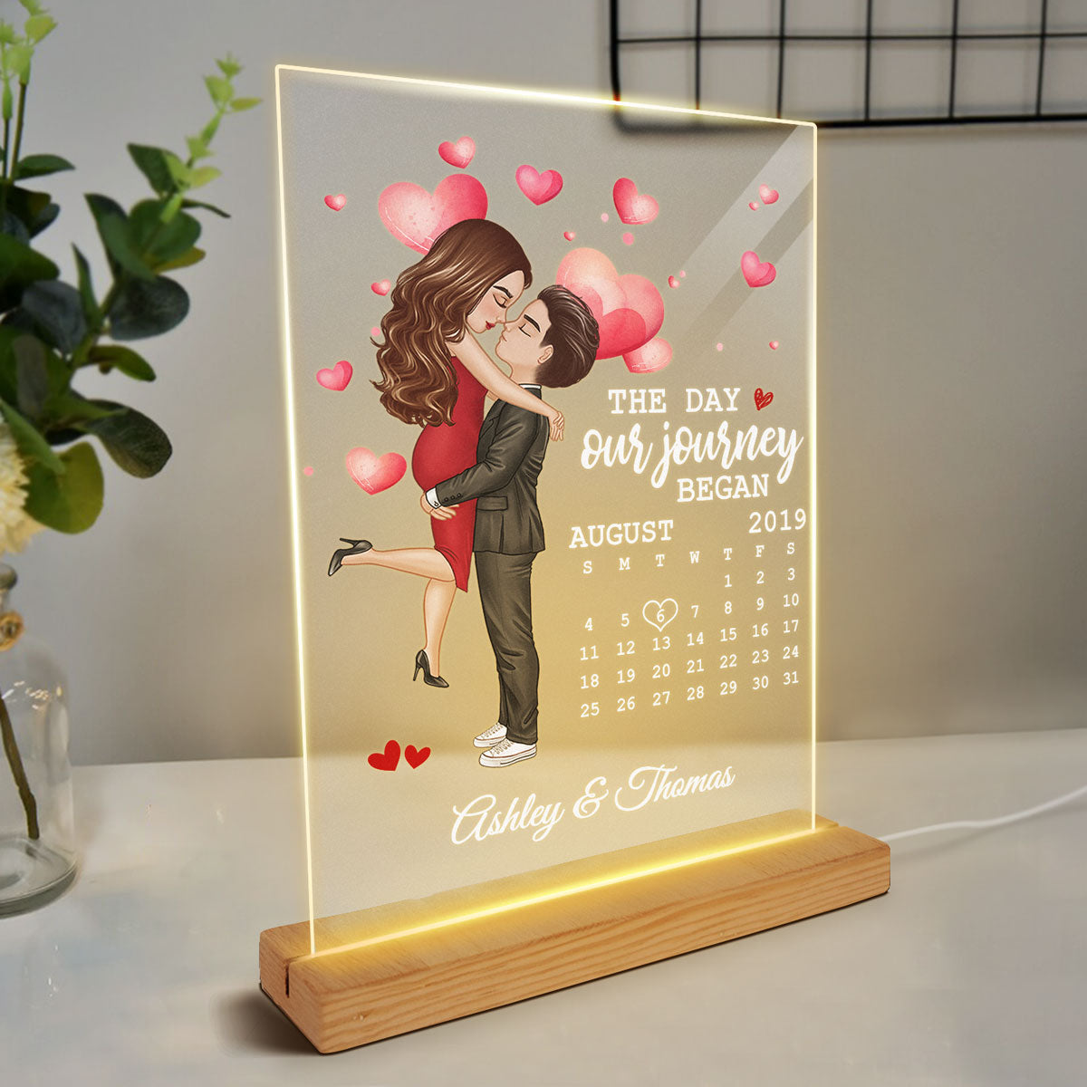 Doll Couple Hugging Kissing Calendar Anniversary Date Personalized Rectangle Acrylic Plaque With LED Night Light - Anniversary Gift For Couple - Gift For Him, Gift For Her