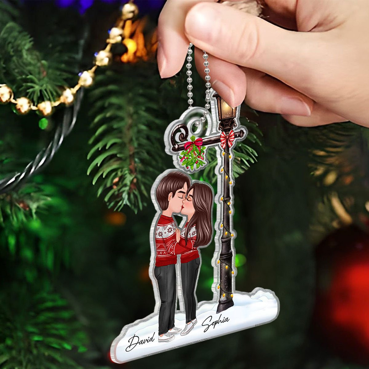 Couple Kissing Under Mistletoe Lamp Post Christmas Decor Personalized Acrylic Ornament