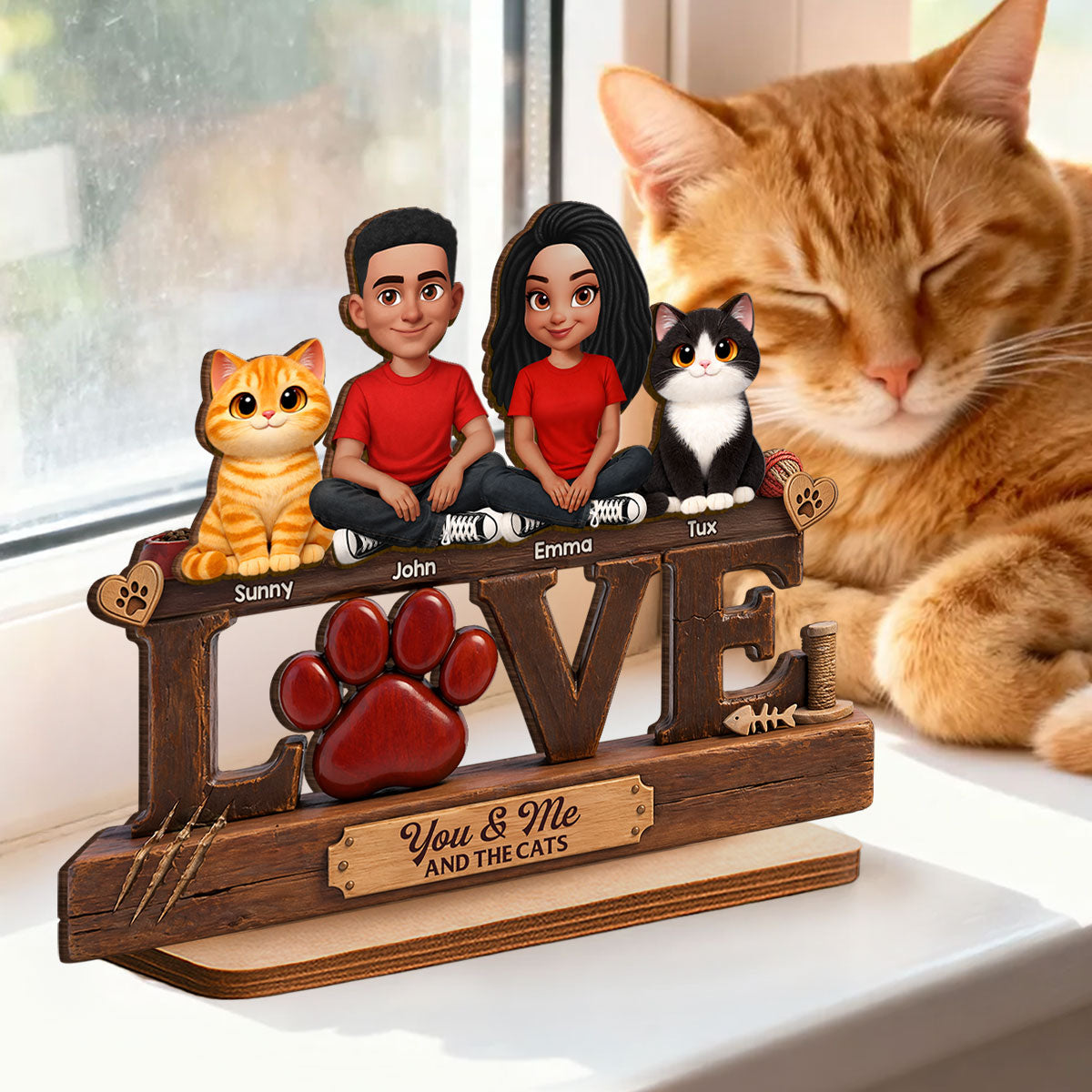 You & Me And The Cat - Personalized 2-Layered Wooden Plaque - Heartfelt Father's Day Gift For Cat Dad
