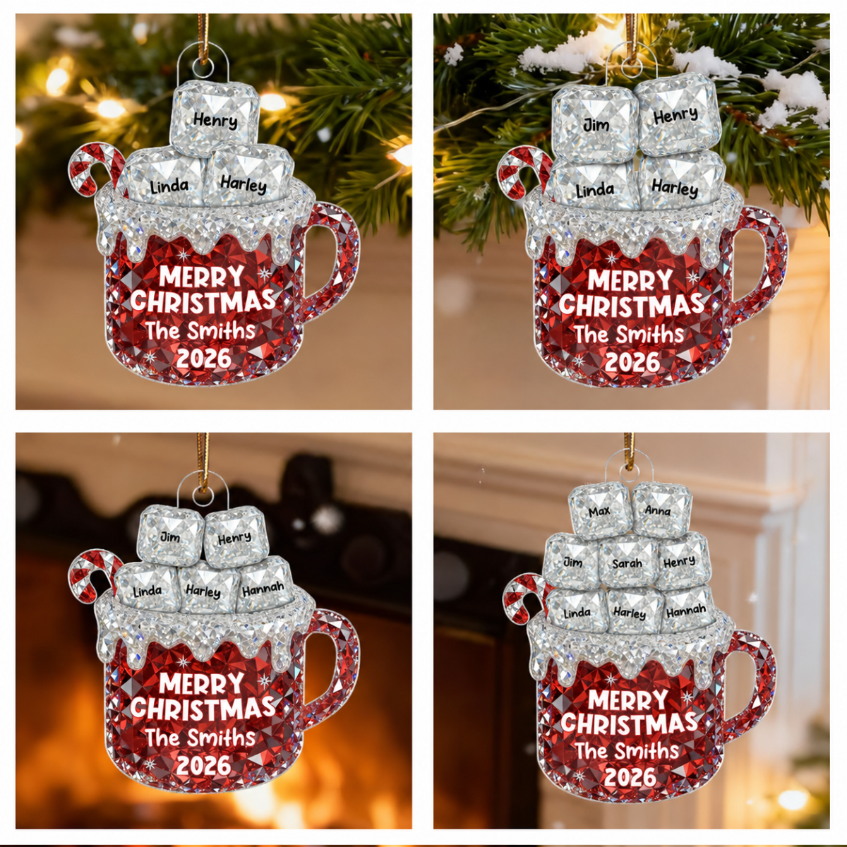 3D Crystal Effect Christmas Hot Cocoa Marshmallows Family Names - Personalized Acrylic Ornament