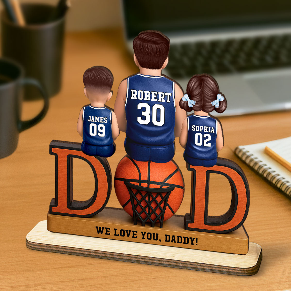 Basketball Dad And Kids Sitting Personalized 2-Layer Standing Wooden Plaque, Father's Day Gift for Dads