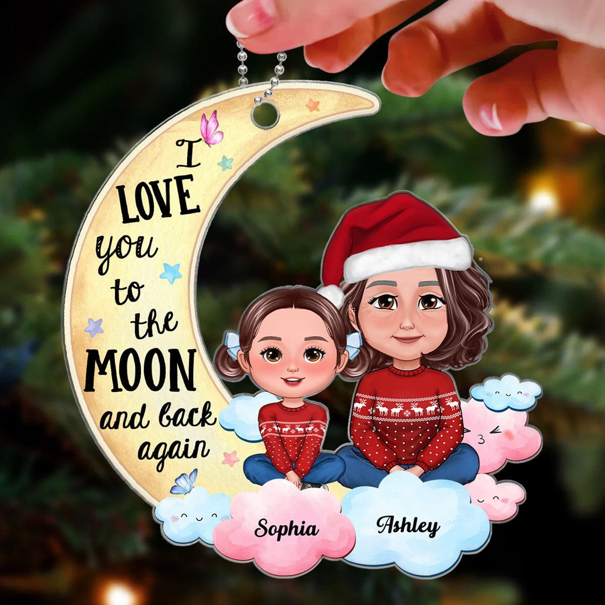 Grandma Mom Loves Kids To The Moon And Back Blue Pink Clouds Personalized Acrylic Ornament