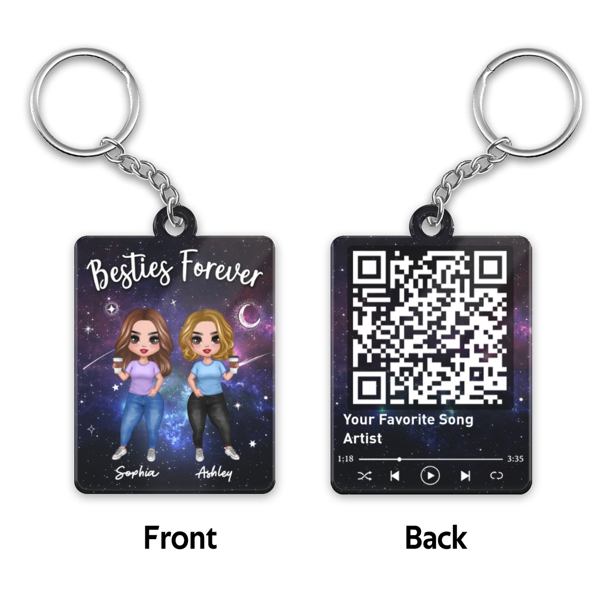 Doll Besties In Galaxy Night Favorite Song Scannable QR Code Personalized Acrylic Keychain