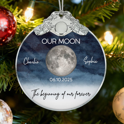 Starry Night Moon Phase Couple The Beginning Of Our Forever - Personalized Glass Ornament With Silver Cap